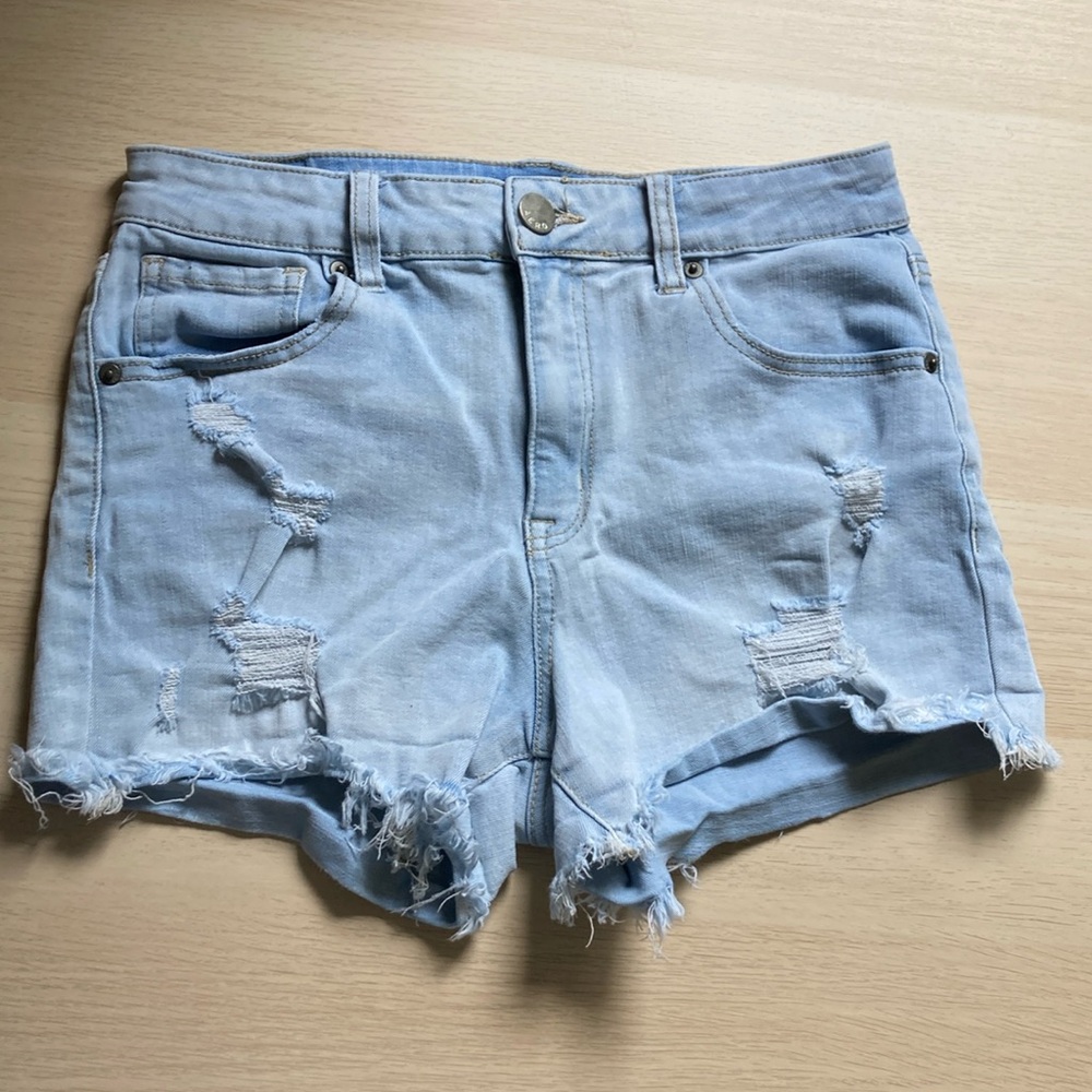 Aeropostale Blue Jean Shorts Distressed Denim, Size 8, Super High Rise Midi